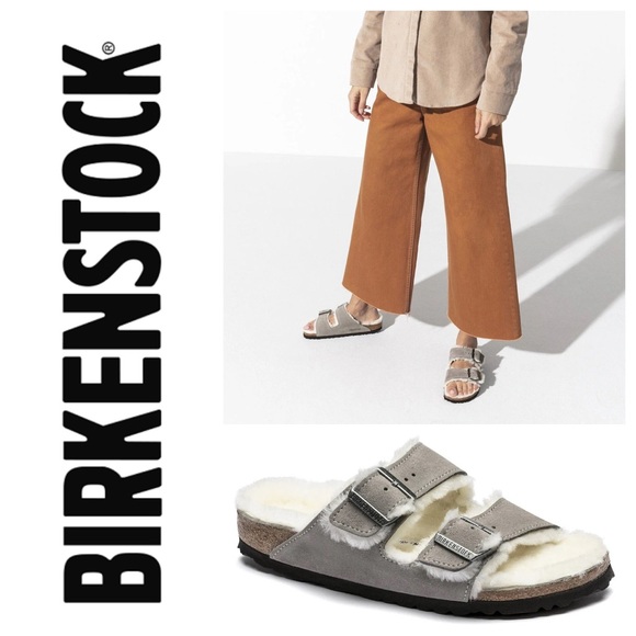 NWT Birkenstock Arizona Shearling Suede Leather Slide in Stone Coin - Picture 1 of 15